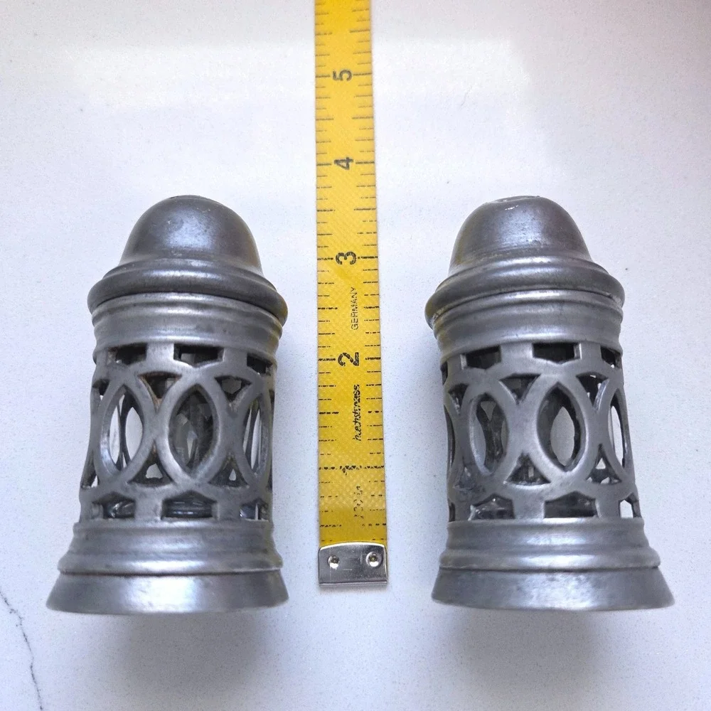 VTG Cosi Tabellini Pewter Salt Pepper Shakers Glass Inserts Lattice Openwork Set